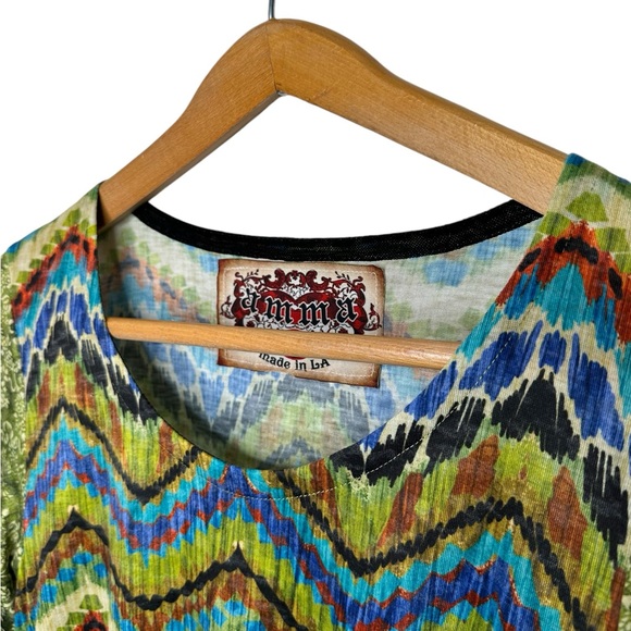 Amma Design Art to Wear Tunic Dress Size Large Green Floral Abstract Ruffled Hem - Picture 2 of 10